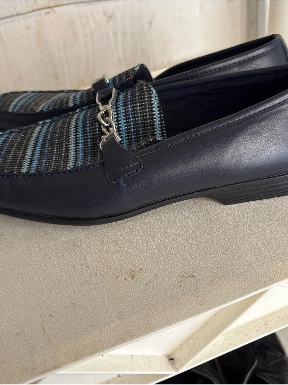 Giorgio Brutini Navy Leather Loafers with Blue-Striped Fabric Vamp